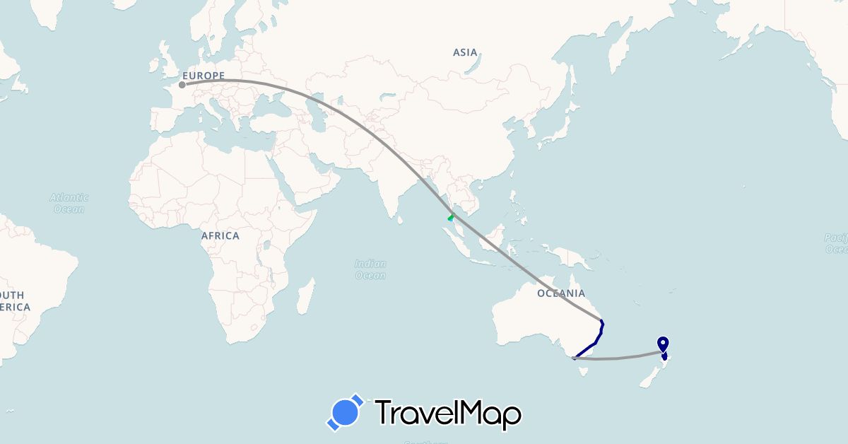 TravelMap itinerary: driving, bus, plane, boat in Australia, France, New Zealand, Thailand (Asia, Europe, Oceania)