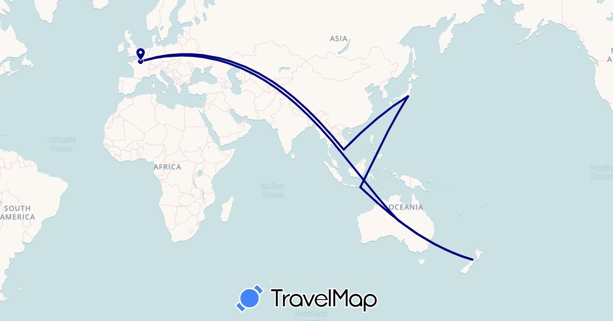 TravelMap itinerary: driving in Australia, France, Indonesia, Japan, New Zealand, Thailand, Vietnam (Asia, Europe, Oceania)